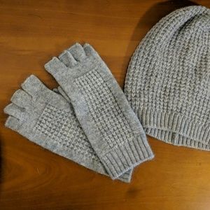 Gray beanie and matching fingerless mittens